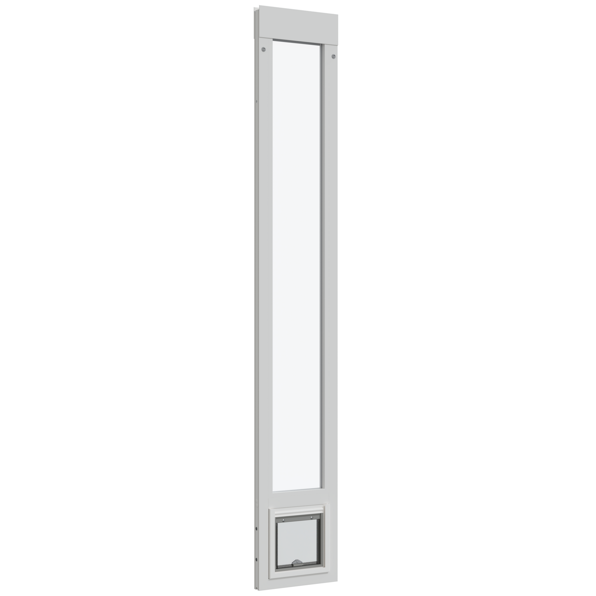 A white-framed glass panel with a pet door insert is displayed against a white background.