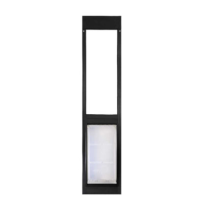 A black-framed dog door replacement window with a clear flap.
