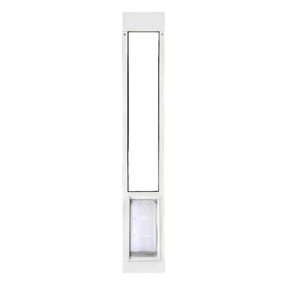 White sliding glass door insert with a clear pet door at the bottom.