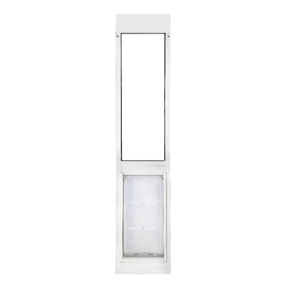 White-framed sliding glass door insert with a pet door at the bottom.