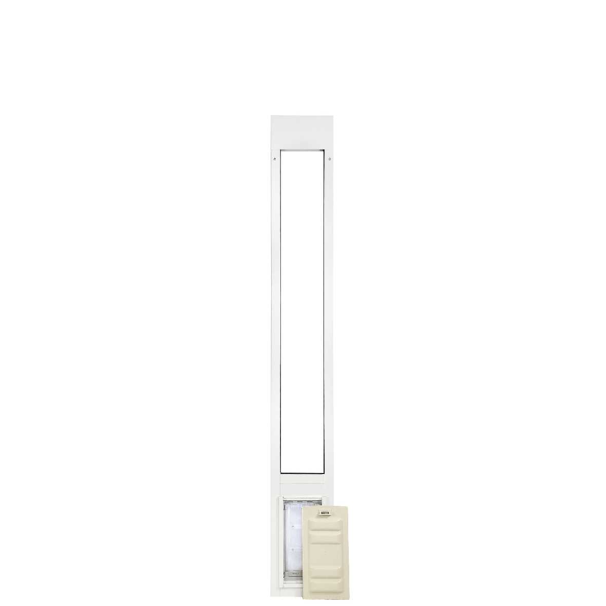 White sliding glass door insert with a pet door and a tan plastic closure panel.