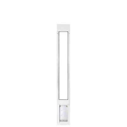 White-framed sliding glass door insert with a pet door.