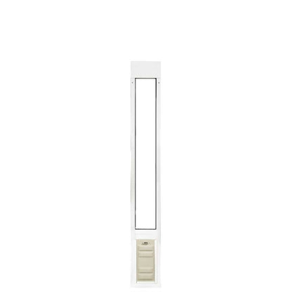 A white, vertical pet door frame.