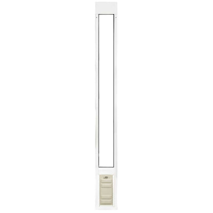 White door insert with a black frame and a tan pet door at the bottom.