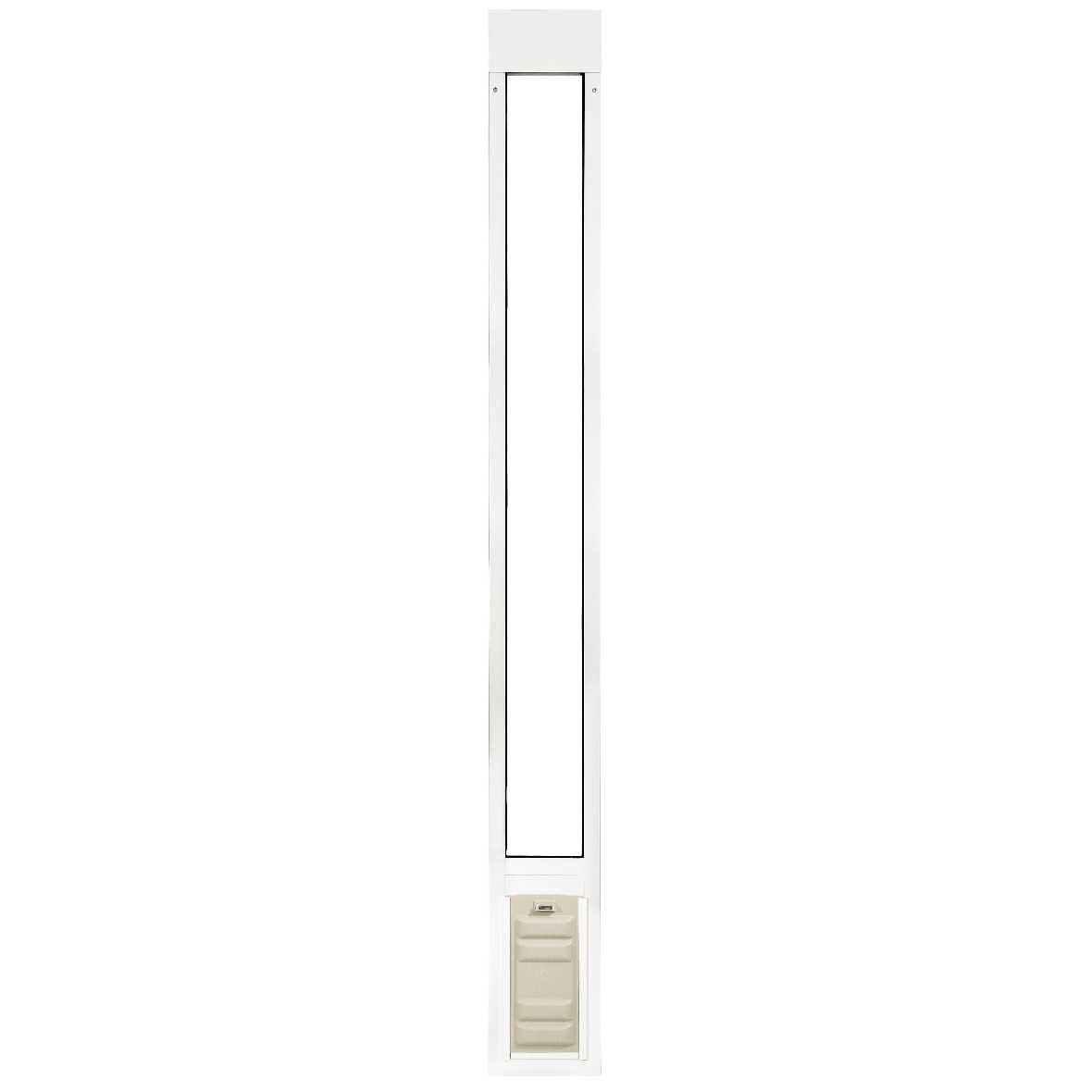 A white pet door frame with a long, narrow opening and a tan-colored flap door at the bottom.