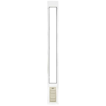 A white pet door frame with a long, narrow opening and a tan-colored flap door at the bottom.