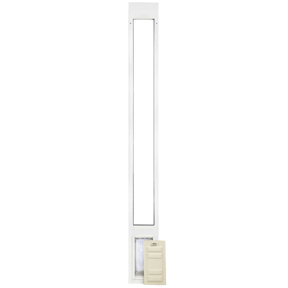 A white patio door insert with a pet door is shown.