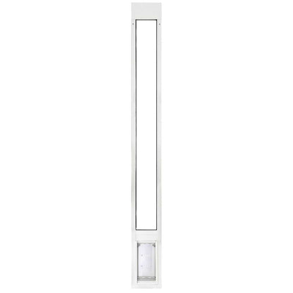 A white sliding glass door insert with a pet door.