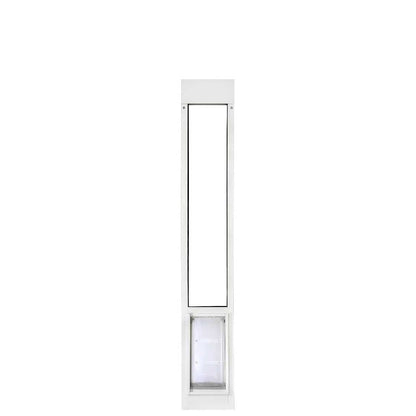 White-framed sliding glass door insert with a pet door.