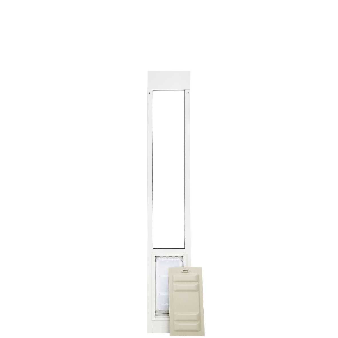 A white pet door insert with a cover lying next to it.