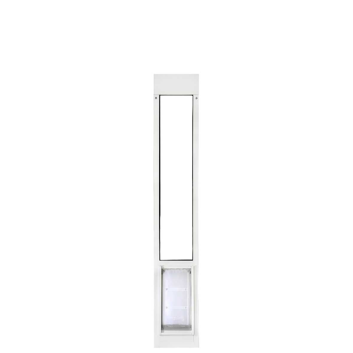 A white sliding glass door insert with a pet door.