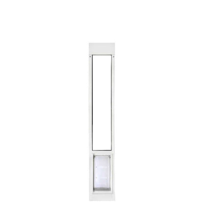 A white sliding glass door insert with a pet door.