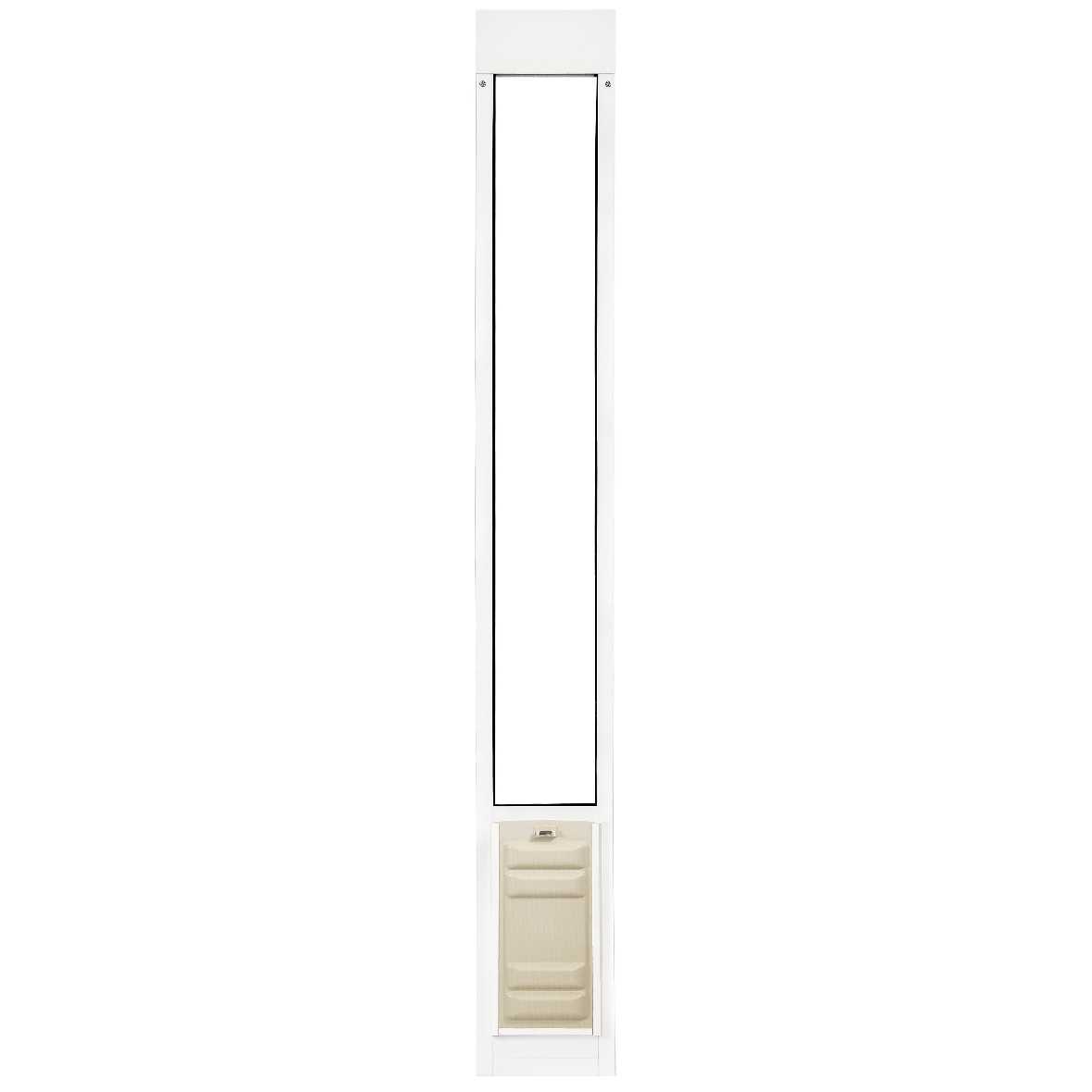 White pet door with a rectangular opening and lower panel.