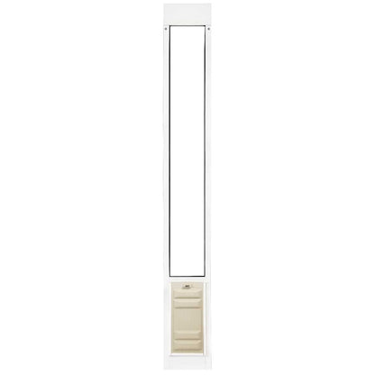 White pet door with a rectangular opening and lower panel.