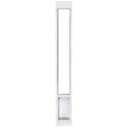 White sliding glass door insert with pet door at the bottom.
