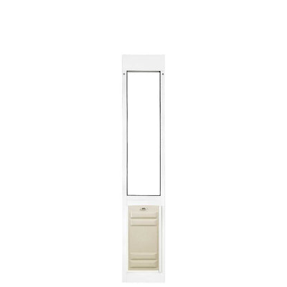 White sliding glass door insert with a tan pet door at the bottom.
