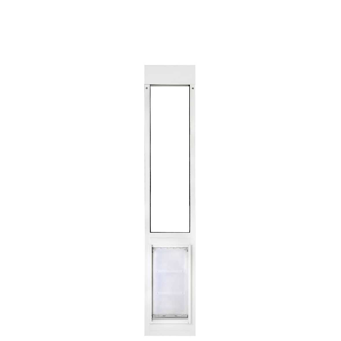 White sliding glass door insert with a pet door.