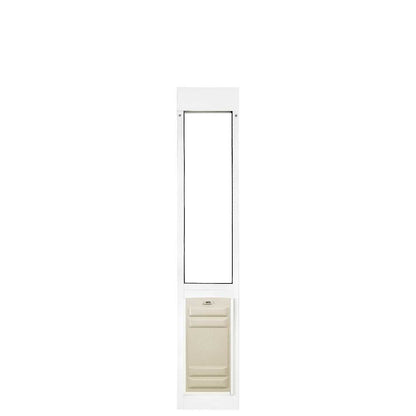 White frame with a rectangular cutout above a beige pet door.