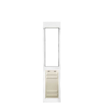 White sliding glass door insert with a pet door at the bottom.