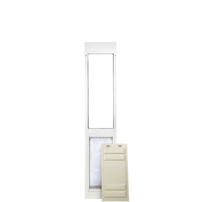 A white dog door insert is shown, with a tan cover leaning against it.