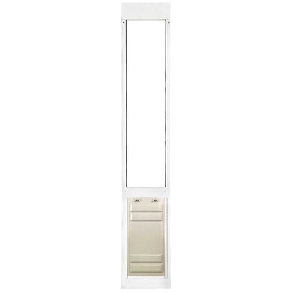 A white-framed dog door insert for a sliding glass door.