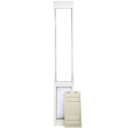 A white dog door frame with a removable panel.