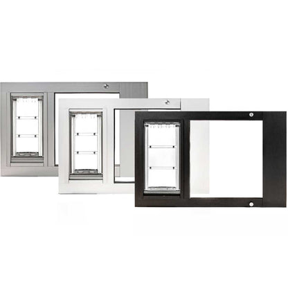 Three pet door window inserts in silver, white, and black are arranged in a line against a white background.