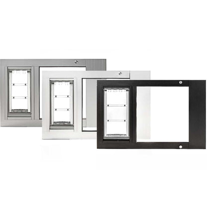 Three sliding glass door pet doors are displayed in gray, white, and black finishes.