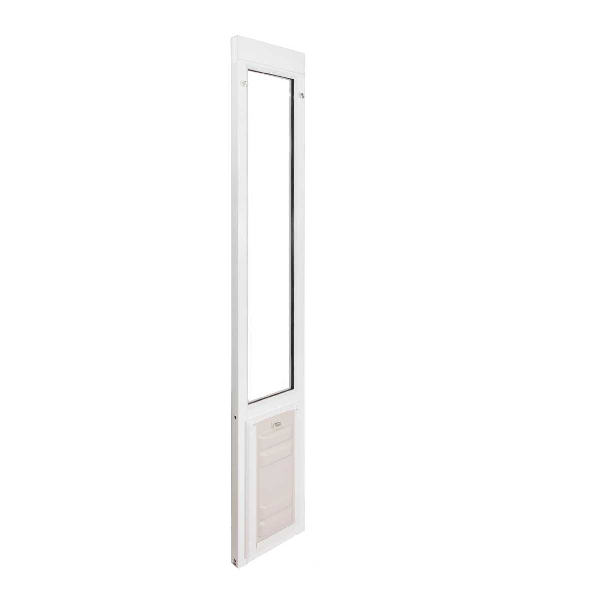 White-framed sliding glass door insert with a pet door at the bottom.