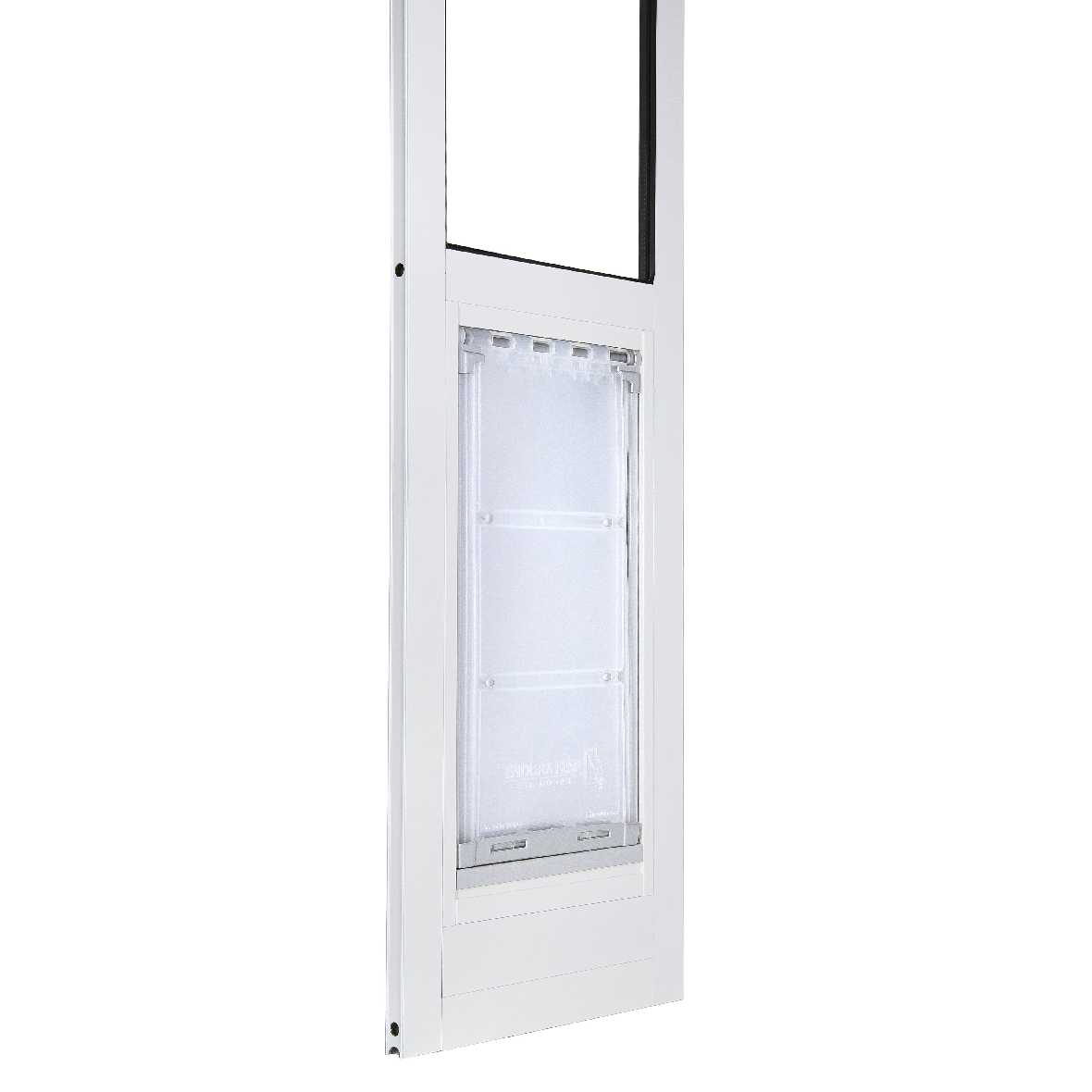 A white framed dog door with a clear flap is shown against a white background.