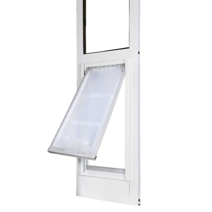 White-framed pet door with transparent flap.
