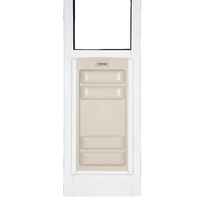 A white and beige dog door against a white background.