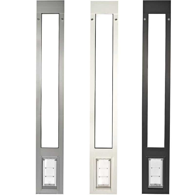 Three dog doors, in silver, white, and black, respectively.