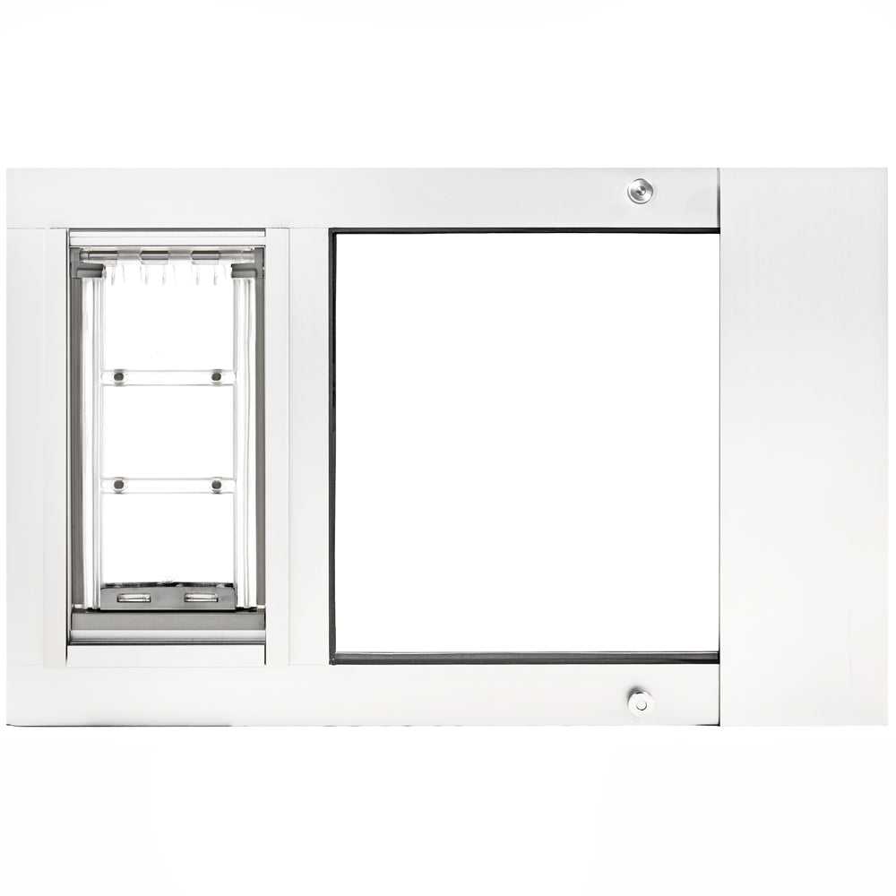 White-framed sliding glass door insert with a pet door.