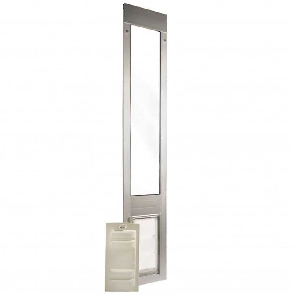 Aluminum-framed glass sliding door insert with a pet door and included slide-in panel._Color_Brushed_Aluminum