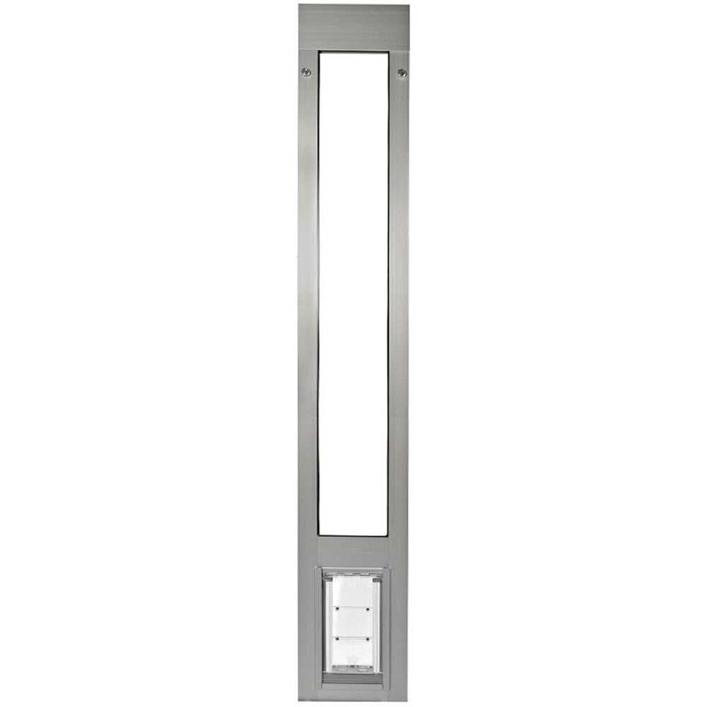 A vertically oriented, stainless steel pet door insert._Color_Brushed_Aluminum